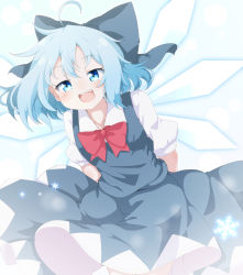 Rule 34 | 1girl, ahoge, blue bow, blue dress, blue eyes, blue hair, blush, bow, cirno, collared shirt, cowboy shot, do (4-rt), dress, fairy, hair between eyes, hair bow, highres, ice, ice wings, looking at viewer, open mouth, puffy short sleeves, puffy sleeves, shirt, short hair, short sleeves, smile, solo, touhou, white shirt, wings