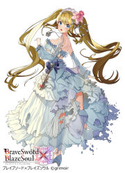Rule 34 | 1girl, :o, blonde hair, blue eyes, blush, brave sword x blaze soul, breasts, copyright name, copyright notice, detached sleeves, dress, flower, gaou (umaiyo puyoman), hair flower, hair ornament, high heels, highres, large breasts, long dress, long hair, looking at viewer, official art, open mouth, see-through silhouette, simple background, solo, twintails, very long hair, watermark, white background, white dress, wide sleeves