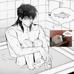 Rule 34 | 1boy, asahi breweries, bath, bathtub, beer can, borzoi, can, closed mouth, commentary request, completely nude, dog, drink can, expressionless, facial scar, feet out of frame, fish, hair between eyes, highres, holding, holding can, hugging own legs, imagining, indoors, itou kaiji, kaiji, long bangs, long hair, looking at viewer, male focus, nude, scar, scar on cheek, scar on face, solo, suefu, tile wall, tiles, towel, water, weibo logo