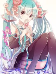 Rule 34 | 1girl, aqua hair, bad id, bad pixiv id, detached sleeves, flower, hair flower, hair ornament, hatsune miku, highres, long hair, looking at viewer, necktie, siho (ricchil), sitting, skirt, solo, thighhighs, twintails, very long hair, vocaloid, white background