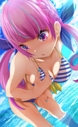Rule 34 | 1girl, ahoge, bad id, bad twitter id, bare shoulders, beach, bent over, bikini, blue hair, blue nails, blue ribbon, blunt bangs, blush, braid, breasts, cleavage, cloud, collarbone, colored inner hair, day, fingernails, front-tie bikini top, front-tie top, fumihiko (fu mihi ko), hair ribbon, halterneck, hand on own chest, highres, hololive, large breasts, long hair, looking at viewer, minato aqua, minato aqua (hololive summer 2019), multicolored hair, nail polish, navel, ocean, open mouth, outdoors, purple eyes, purple hair, ribbon, sky, solo, streaked hair, striped bikini, striped clothes, swimsuit, twintails, two-tone hair, vertical-striped bikini, vertical-striped clothes, virtual youtuber, water, wet