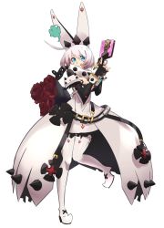 Rule 34 | 1girl, blue eyes, bob cut, boots, bouquet, elphelt valentine, flower, gloves, grin, guilty gear, guilty gear xrd, gun, highres, holding, holding gun, holding weapon, licking lips, looking at viewer, rdc7229, rose, simple background, smile, solo, spoilers, thighhighs, tongue, tongue out, weapon, white background, white hair