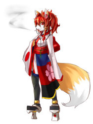 Rule 34 | 1girl, animal ears, bad id, bad pixiv id, furry, furry female, geta, koishi chikasa, red eyes, red hair, simple background, snout, solo, tail, white background