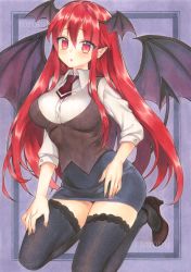 Rule 34 | 1girl, :o, ascot, black footwear, black panties, black skirt, black thighhighs, black vest, blush, breasts, commentary request, demon tail, demon wings, hair between eyes, head wings, high heels, highres, koakuma, large breasts, long hair, long sleeves, looking at viewer, miniskirt, mugicha (mugicha0929), outside border, panties, parted lips, pencil skirt, pointy ears, purple background, red ascot, red eyes, red hair, seiza, shirt, sidelocks, sitting, skirt, solo, tail, thighhighs, thighs, touhou, traditional media, underwear, very long hair, vest, white shirt, wings, zettai ryouiki