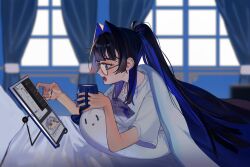 Rule 34 | 1girl, bed, bedroom, blanket, blue eyes, blue hair, blue nails, blunt bangs, boros (ouro kronii), breasts, cup, eus ing, fangs, glasses, hair intakes, high ponytail, highres, holding, holding cup, hololive, hololive english, large breasts, long hair, lying, messy hair, multicolored hair, nail polish, on bed, on stomach, open mouth, ouro kronii, pillow, ponytail, shirt, solo, tablet pc, teeth, tongue, two-tone hair, under covers, virtual youtuber, white shirt