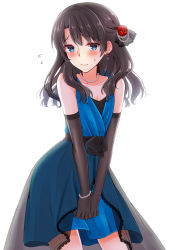 Rule 34 | 1boy, 3:, alternate costume, bare shoulders, black gloves, black hair, blue dress, blue eyes, blush, commentary request, crossdressing, dress, earrings, elbow gloves, fate/grand order, fate (series), flower, flying sweatdrops, fujimaru ritsuka (male), gloves, hair flower, hair ornament, jewelry, long hair, looking at viewer, male focus, necklace, simple background, solo, trap, v arms, wankoba, white background