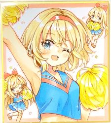 Rule 34 | 3girls, ;d, alice margatroid, armpits, blonde hair, blue eyes, blue skirt, blue tank top, bow, cheerleader, hair bow, hairband, highres, holding, holding pom poms, looking at viewer, mimi (mimi puru), multiple girls, one eye closed, open mouth, pom pom (cheerleading), pom poms, red bow, red hairband, shanghai doll, short hair, skirt, smile, tank top, touhou