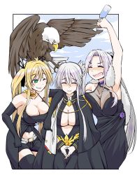 Rule 34 | 3girls, azur lane, bald eagle, bare shoulders, bird, blonde hair, blush, breasts, champagne flute, cleavage, closed eyes, cup, dress, drinking glass, eagle, enterprise (azur lane), enterprise (heroic finery) (azur lane), evening gown, green eyes, hat, highres, hornet (azur lane), hornet (bubbly anniversary!) (azur lane), imagawa akira, large breasts, long hair, multiple girls, one eye closed, open mouth, silver hair, sleeveless, smile, twintails, very long hair, yorktown (azur lane), yorktown (evening i can&#039;t remember) (azur lane)