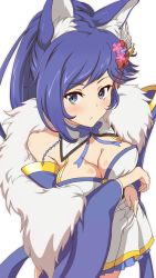 Rule 34 | 1girl, absurdres, animal ear fluff, animal ears, azur lane, betelbear, blue eyes, blue hair, blush, breast hold, breasts, cleavage, collarbone, crossed arms, eyebrows, flower, fox ears, from above, fur scarf, hair flower, hair ornament, hand fan, highres, holding, holding fan, japanese clothes, jintsuu (azur lane), long hair, long sleeves, looking at viewer, looking up, simple background, smile, solo, standing, transparent background, white background, wide sleeves