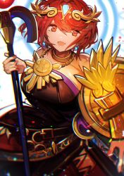 Rule 34 | 1girl, absurdres, alternate costume, ancient greek clothes, bob cut, breasts, chiton, cosplay, dress, earrings, forehead jewel, highres, jewelry, kid icarus, large breasts, laurel crown, nail polish, nintendo, pendant, pyra (xenoblade), red eyes, red hair, short hair, side slit, strapless, strapless dress, swept bangs, tarbo (exxxpiation), thighhighs, tiara, vambraces, xenoblade chronicles (series), xenoblade chronicles 2