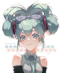 Rule 34 | 1girl, bare shoulders, black sleeves, blue eyes, blue necktie, bow, breasts, character name, cinnamiku, closed mouth, collared shirt, commentary request, detached sleeves, green hair, grey bow, grey shirt, hair bow, hatsune miku, highres, looking at viewer, necktie, pig ggul, shirt, simple background, sleeveless, sleeveless shirt, small breasts, smile, solo, tie clip, upper body, vocaloid, white background