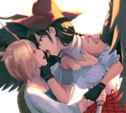 Rule 34 | 2girls, antlers, bad id, bad pixiv id, bandana, bare shoulders, black gloves, black hair, black wings, blonde hair, blue shirt, breasts, brown headwear, dragon horns, eye contact, feathered wings, fingerless gloves, gloves, hand on another&#039;s chin, hand on another&#039;s shoulder, hat, holding, holding knife, horns, imminent kiss, kicchou yachie, knife, kurokoma saki, leaning forward, long hair, looking at another, medium breasts, multicolored clothes, multiple girls, nail polish, nnyara, open mouth, pink shirt, red eyes, red nails, red skirt, shirt, short hair, simple background, skirt, tongue, tongue out, touhou, white background, wings, yuri