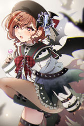 Rule 34 | 1girl, bat wings, beret, black nails, blush, boots, bow, bowtie, brown hair, candy, commentary request, fang, food, frilled sailor collar, frills, hair ornament, hairclip, halloween costume, hat, highres, higuchi madoka, idolmaster, idolmaster shiny colors, knee boots, lollipop, looking at viewer, mole, mole under eye, nail polish, plaid, plaid bow, plaid bowtie, plaid neckwear, sailor collar, short hair, single thighhigh, skindentation, sleeves past wrists, solo, sweatdrop, swept bangs, thighhighs, torn clothes, umeume (totoya), wings