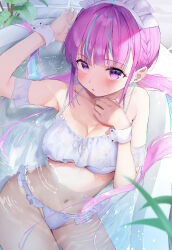 Rule 34 | 1girl, arm up, armpit crease, bathtub, bikini, blue hair, blue nails, blush, braid, breasts, cleavage, cowboy shot, frilled bikini, frills, gyoku seisyoku, halterneck, hand on own chest, highres, hololive, indoors, large breasts, long hair, looking at viewer, maid headdress, minato aqua, multicolored hair, navel, open mouth, partially submerged, plant, purple eyes, solo, streaked hair, swimsuit, two-tone hair, very long hair, virtual youtuber, white bikini, wrist cuffs
