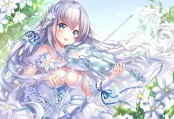Rule 34 | 1girl, bare shoulders, blue eyes, blue ribbon, blush, bow (music), braid, breasts, cleavage, commentary request, dress, fingerless gloves, fingernails, floating hair, flower, gloves, hair flower, hair ornament, hair ribbon, holding, holding instrument, holding violin, instrument, jewelry, large breasts, long hair, looking at viewer, music, nail polish, necklace, off-shoulder dress, off shoulder, open mouth, original, pink nails, playing instrument, ribbon, ring, sakura moyon, see-through, side braid, silver hair, smile, solo, sparkle, tress ribbon, upper body, very long hair, violin, wavy hair, wedding band, white dress, white flower, wrist ribbon