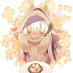 Rule 34 | 1girl, animal ears, arms up, blush, colored eyelashes, ears through headwear, eating, fang, food, food in mouth, furry, furry female, hajime (hajime-ill-1st), hands on own face, hat, highres, holding, holding spoon, horns, long hair, looking at viewer, made in abyss, marshmallow, nanachi (made in abyss), navel, nose blush, open mouth, plate, rabbit ears, smile, solo, soup, spoon, teeth, topless, upper body, upper teeth only, white hair, yellow eyes