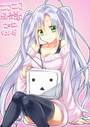 Rule 34 | 10s, 1girl, 2012, absurdres, ahoge, bare shoulders, black thighhighs, breasts, cleavage, dated, green eyes, highres, long hair, maruki (punchiki), niconico, original, pink background, polka dot, polka dot background, silver hair, smile, thighhighs, translation request