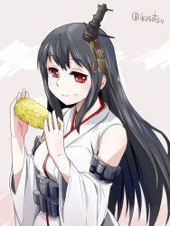 Rule 34 | 10s, 1girl, black hair, breasts, corn, corn cob, detached sleeves, food, food on face, fusou (kancolle), hair ornament, holding, ikusotsu, kantai collection, long hair, looking at viewer, nontraditional miko, red eyes, smile, solo