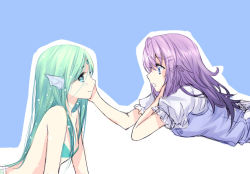 Rule 34 | 2girls, bare shoulders, blue eyes, eye contact, fins, green eyes, green hair, hand on another&#039;s cheek, hand on another&#039;s face, head fins, long hair, looking at another, mermaid, monster girl, multiple girls, mylovelydevil, original, profile, purple hair, simple background, smile, yuri