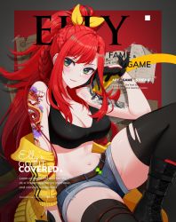 Rule 34 | 1girl, absurdres, arm tattoo, black gloves, black sports bra, black thighhighs, breasts, character name, cleavage, commentary, cover, elly (vtuber), english commentary, english text, eyebrows hidden by hair, fake magazine cover, gloves, hair behind ear, hair ribbon, highres, indie virtual youtuber, large breasts, long hair, magazine cover, midriff, navel, off shoulder, ponytail, ribbon, rizky (strated), second-party source, skindentation, smile, solo, sports bra, tattoo, thick thighs, thighhighs, thighs, very long hair, virtual youtuber, yellow ribbon