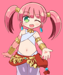 Rule 34 | 1girl, ;d, bare shoulders, blush, commentary request, dancer (sekaiju), earrings, etrian odyssey, flat chest, green eyes, hair ornament, harem outfit, highres, jewelry, long hair, looking at viewer, naga u, navel, one eye closed, open mouth, outstretched arm, pants, pink background, pink hair, sekaiju no meikyuu, sekaiju no meikyuu 4, simple background, smile, solo, standing, twintails, white pants
