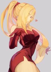 Rule 34 | 1girl, bare shoulders, blonde hair, breasts, dress, elbow gloves, gloves, long hair, looking at viewer, online neet, ponytail, red dress, red gloves, short dress, shynesslady, simple background, skin tight, solo, star ocean, star ocean the second story, strapless, very long hair