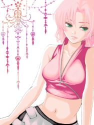 Rule 34 | 1girl, alternate breast size, bad id, bad pixiv id, bare shoulders, blouse, breasts, collarbone, crop top, frown, green eyes, half-closed eyes, haruno sakura, lips, looking away, looking to the side, midriff, miniskirt, naruto (series), naruto shippuuden, navel, open clothes, open shirt, parted bangs, pink hair, pink shirt, red shirt, ru-sack, shirt, short hair, side slit, simple background, skirt, sleeveless, sleeveless shirt, solo, stomach, tegaki, unzipped, upper body, white background, white skirt, zipper