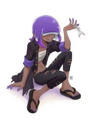 Rule 34 | 1girl, artist name, black footwear, black pants, black shirt, chest sarashi, commentary, commission, english commentary, fish bone, food, full body, hair over eyes, highres, holding, holding food, navel, nintendo, octoling, octoling girl, octoling player character, pants, sandals, sarashi, seatha, shirt, simple background, sitting, smile, solo, splatoon (series), teeth, tentacle hair, torn clothes, torn pants, white background