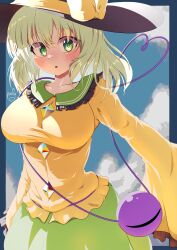 Rule 34 | 1girl, absurdres, black hat, blue sky, blush, breasts, cloud, collarbone, commentary request, green eyes, green hair, green skirt, hat, hat ribbon, heart, heart of string, highres, komeiji koishi, large breasts, long sleeves, looking at viewer, medium hair, open mouth, outdoors, polyhedron2, ribbon, shirt, signature, skirt, sky, solo, third eye, touhou, yellow ribbon, yellow shirt