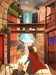 Rule 34 | 1boy, architecture, brown hair, building, cape, commentary request, east asian architecture, goat, goat horns, hat, highres, horns, lantern, male focus, original, paper lantern, railing, red cape, stairs, stone floor, tokoame, torii, window