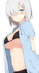Rule 34 | 10s, 1girl, arms behind back, bikini, black bikini, blue eyes, blush, breasts, cardigan, cole (coleltu), collarbone, hair ornament, hair over one eye, hairclip, hamakaze (kancolle), highres, jacket, jacket over swimsuit, kantai collection, looking away, navel, open cardigan, open clothes, open jacket, short sleeves, silver hair, simple background, solo, string bikini, sweat, swimsuit, white background