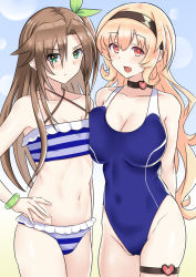 Rule 34 | asymmetrical docking, bangle, bare shoulders, blush, bracelet, breast press, breasts, brown hair, choker, compa, flat chest, green eyes, hairband, happy, highres, if (neptunia), jewelry, large breasts, long hair, neptune (series), orange eyes, orange hair, ribbon, sidetail, swimsuit, thighs, unsure, zatsu