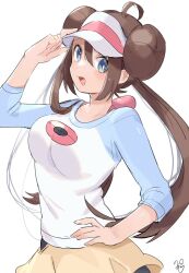 Rule 34 | 1girl, black pantyhose, blue eyes, blush, bow, breasts, bright pupils, brown hair, commentary, creatures (company), double bun, doughnut hair bun, game freak, hair between eyes, hair bun, hand on headwear, hand on own hip, hand up, hat, highres, large breasts, long hair, nintendo, open mouth, pantyhose, pantyhose under shorts, pink bow, pokemon, pokemon bw2, raglan sleeves, ririmon, rosa (pokemon), shorts, signature, smile, solo, twintails, visor cap, white background, white hat, white pupils, yellow shorts