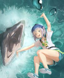 Rule 34 | 1girl, alternate costume, anachronism, ari hinoko, blush, bungee jumping, commentary request, falling, from above, grey eyes, harness, helmet, highres, idolmaster, idolmaster cinderella girls, jurassic park, jurassic world, koshimizu sachiko, looking at viewer, mosasaur, mosasaurus, open mouth, outstretched arms, purple hair, rope, shirt, shoes, short hair, shorts, smile, sneakers, t-shirt, teardrop, tears, teeth, thighs, water, wavy mouth