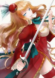 1girl blonde_hair blue_eyes bow breasts cowboy_shot dress female_focus hat holding holding_sword holding_weapon juliet_sleeves long_hair long_sleeves looking_at_viewer mini_hat original puffy_long_sleeves puffy_sleeves red_dress ribbon see-through_clothes shion_(kizuro) simple_background smile solo sword weapon white_background