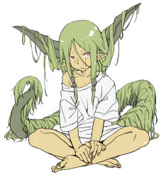 Rule 34 | 1girl, barefoot, chiwa (fcwv5738), closed mouth, full body, green hair, green horns, hair between eyes, highres, horns, indian style, long hair, looking at viewer, low-tied long hair, nail polish, off-shoulder shirt, off shoulder, orange eyes, orange nails, original, oversized clothes, pointy ears, shirt, simple background, sitting, solo, tail, white background, white shirt