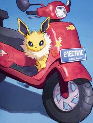 Rule 34 | arc draws, blue background, closed mouth, commentary request, creatures (company), game freak, gen 1 pokemon, highres, jolteon, license plate, motor vehicle, nintendo, no humans, on scooter, peeking out, pokemon, pokemon (creature), scooter, smile, tongue, tongue out, twitter username, yellow fur