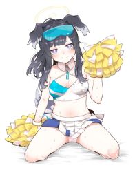 Rule 34 | 1girl, animal ears, arm up, bare arms, bare legs, bare shoulders, black hair, blue archive, blue eyes, blush, breasts, cheerleader, cleavage, crop top, dog ears, dog girl, dog tail, eyewear on head, goggles, goggles on head, halo, hibiki (blue archive), hibiki (cheer squad) (blue archive), highres, holding, holding pom poms, kneeling, long hair, looking at viewer, medium breasts, midriff, millennium cheerleader outfit (blue archive), miniskirt, mmmz920, navel, official alternate costume, panties, pleated skirt, pom pom (cheerleading), pom poms, sitting, skirt, smile, solo, spread legs, sunglasses, sweat, tail, thighs, underwear, white background, white panties, white skirt
