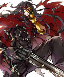 Rule 34 | 1boy, black hair, clawed gauntlets, cloak, final fantasy, final fantasy vii, frown, gloves, gun, hand on own face, handgun, headband, charm (object), leather, long hair, looking at viewer, red cloak, red eyes, red headband, revolver, strap, tama (tmfy5), torn clothes, vincent valentine, weapon