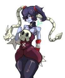 Rule 34 | 1girl, absurdres, bare shoulders, bayonetto, blue hair, blue skin, breasts, cleavage, colored skin, detached collar, detached sleeves, hair over one eye, highres, leviathan (skullgirls), long skirt, medium breasts, purple hair, side ponytail, skirt, skull, skullgirls, squigly (skullgirls), stitched mouth, stitches, striped, striped sleeves, zombie