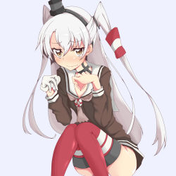 Rule 34 | 10s, 1girl, amatsukaze (kancolle), bad id, bad pixiv id, blue background, blush, brown eyes, choker, dress, gloves, highres, kantai collection, long hair, personification, red thighhighs, sailor dress, school uniform, serafuku, short dress, silver hair, simple background, solo, striped clothes, striped thighhighs, suu2510, thighhighs, wavy mouth, white gloves