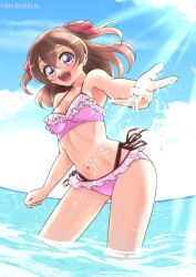 Rule 34 | 1girl, bikini, blue sky, boh stick, breasts, brown hair, cloud, cloudy sky, commentary, cowboy shot, day, delicious party precure, frilled bikini, frills, hair ribbon, halterneck, highres, horizon, leaning forward, lens flare, looking at viewer, medium breasts, medium hair, multi-strapped bikini bottom, nagomi yui, navel, open mouth, outdoors, pink bikini, pink ribbon, precure, purple eyes, ribbon, side-tie bikini bottom, sky, smile, solo, sparkle, splashing, standing, sunlight, swimsuit, twitter username, two side up, wading, wind