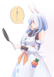 Rule 34 | 1girl, animal ear fluff, animal ears, black bodysuit, blue hair, blush, bodysuit, bow, braid, braided ponytail, carrot in pocket, chamomile (kazumasa), dress, frying pan, hair bow, highres, holding, holding frying pan, hololive, long hair, looking at viewer, mature female, multicolored hair, pekomama, rabbit ears, rabbit girl, rabbit tail, red eyes, smile, solo, streaked hair, tail, virtual youtuber, white background, white bow, white dress, white hair, white sleeves