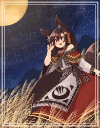 Rule 34 | 1girl, adapted costume, animal ear fluff, animal ears, blush, brown hair, dress, fang, full moon, hair between eyes, highres, imaizumi kagerou, kaginoni, long hair, moon, open mouth, red dress, red eyes, smile, solo, tail, touhou, white dress, wolf ears, wolf tail
