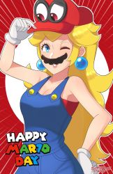 Rule 34 | 1girl, artist name, bare arms, bare shoulders, blonde hair, blue eyes, blue overalls, breasts, cappy (mario), cleavage, cosplay, earrings, facial hair, gloves, hat, jewelry, large breasts, long hair, mario (series), mustache, nintendo, no bra, one eye closed, open mouth, overalls, possessed, princess, princess peach, red background, red shirt, sarukaiwolf, shirt, smile, super mario odyssey, undershirt, white gloves