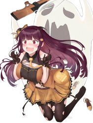 Rule 34 | 1girl, @ @, ankle lace-up, arms up, bare shoulders, bat wings, black hairband, black wings, blush, bow, breasts, brown gloves, brown pantyhose, bullpup, collarbone, collared shirt, cross-laced footwear, fake wings, ghost, girls&#039; frontline, gloves, gun, hair bow, hair ornament, hairband, hairclip, halloween, hands up, head wings, highres, holding, holding gun, holding weapon, jack-o&#039;-lantern, jack-o&#039;-lantern hair ornament, large breasts, long hair, minoshi, name connection, nose blush, object namesake, official alternate costume, open mouth, orange bow, orange footwear, orange shirt, orange skirt, pantyhose, pleated skirt, purple hair, red eyes, rifle, scared, shirt, shoes, unworn shoes, sidelocks, simple background, skirt, sniper rifle, solo, torn clothes, torn pantyhose, torn shirt, very long hair, wa2000 (girls&#039; frontline), wa2000 (haunted castle) (girls&#039; frontline), walther, walther wa 2000, weapon, white background, wings