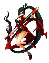 Rule 34 | 1girl, :&lt;, arc system works, black bra, black hair, blazblue, blazblue: calamity trigger, blazblue: continuum shift, blunt bangs, boots, bra, breasts, china dress, chinese clothes, cleavage, cleavage cutout, clothing cutout, dress, fighting stance, full body, hair ornament, katou yuuki, lao jiu, large breasts, legs, lingerie, litchi faye ling, long hair, naughty face, official art, panda, ponytail, red eyes, side ponytail, simple background, smile, solo, staff, turtleneck, underwear, very long hair, weapon, yin yang, yuki kato