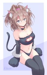 Rule 34 | 1girl, ahoge, alternate costume, animal ears, animal hands, bell, bikini, black bikini, black thighhighs, blue eyes, breasts, brown hair, cat cutout, cat ears, cat tail, cleavage cutout, clothing cutout, feet out of frame, gloves, highres, jingle bell, kantai collection, large breasts, long hair, looking at viewer, messy hair, navel, one-hour drawing challenge, paw gloves, sheffield (kancolle), shizuna kaede, solo, swimsuit, tail, thighhighs
