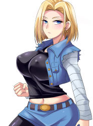 Rule 34 | 1girl, alternate breast size, android 18, blonde hair, blue eyes, breasts, casual, covered erect nipples, dragon ball, dragonball z, earrings, jewelry, large breasts, navel, nishida megane, pantyhose, pencil skirt, short hair, simple background, skirt, solo, white background