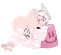 Rule 34 | 1girl, animal ears, barefoot, breasts, cellphone, closed mouth, commentary request, forehead, full body, grey hair, hairband, heart, hood, hood down, hooded jacket, jacket, long sleeves, looking at viewer, open clothes, open jacket, original, pants, phone, pillow, pink shirt, red eyes, shako (syakoba3), shirt, simple background, sleeves past wrists, small breasts, solo, striped clothes, striped hairband, striped jacket, striped pants, white background